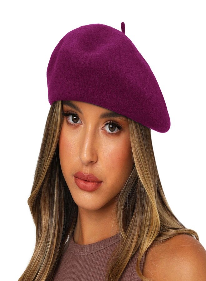 Sydbecs Wool Beret Hats for Women Ladies Girls, French Barret Hat Solid Color Style (Raspberry) - Image 1